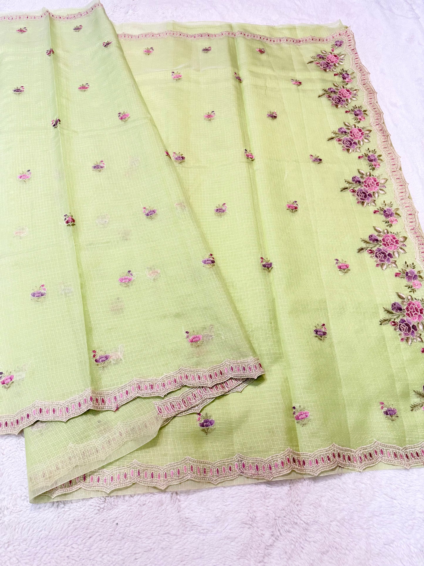 Pista green shade cotton kota embroidery Banarasi saree