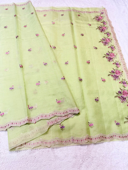 Pista green shade cotton kota embroidery Banarasi saree
