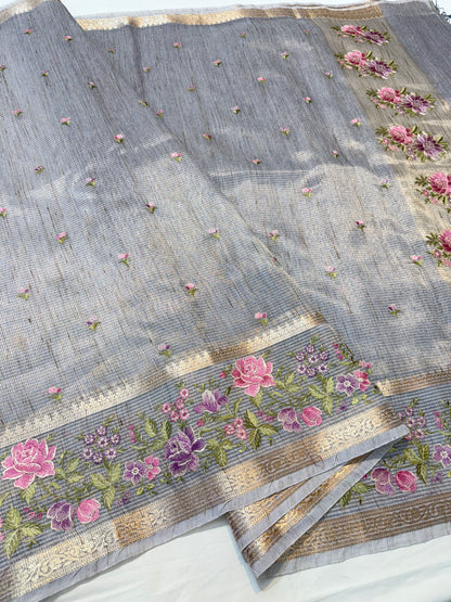 Silver shade tissue linen designer embroidery Banarasi saree