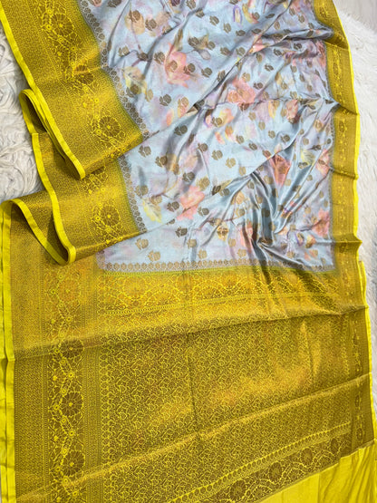 multicolour Dupion silk digital print Banarasi saree