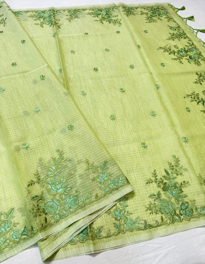 Pista green shade kota designer embroidery premium Banarasi saree