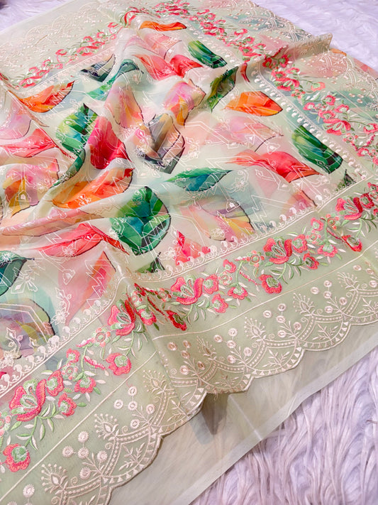 Pista green multi shade  kora organza digital print embroidery Banarasi saree