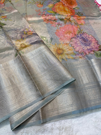 multicolour tissue silk digital print handwork premium Banarasi saree