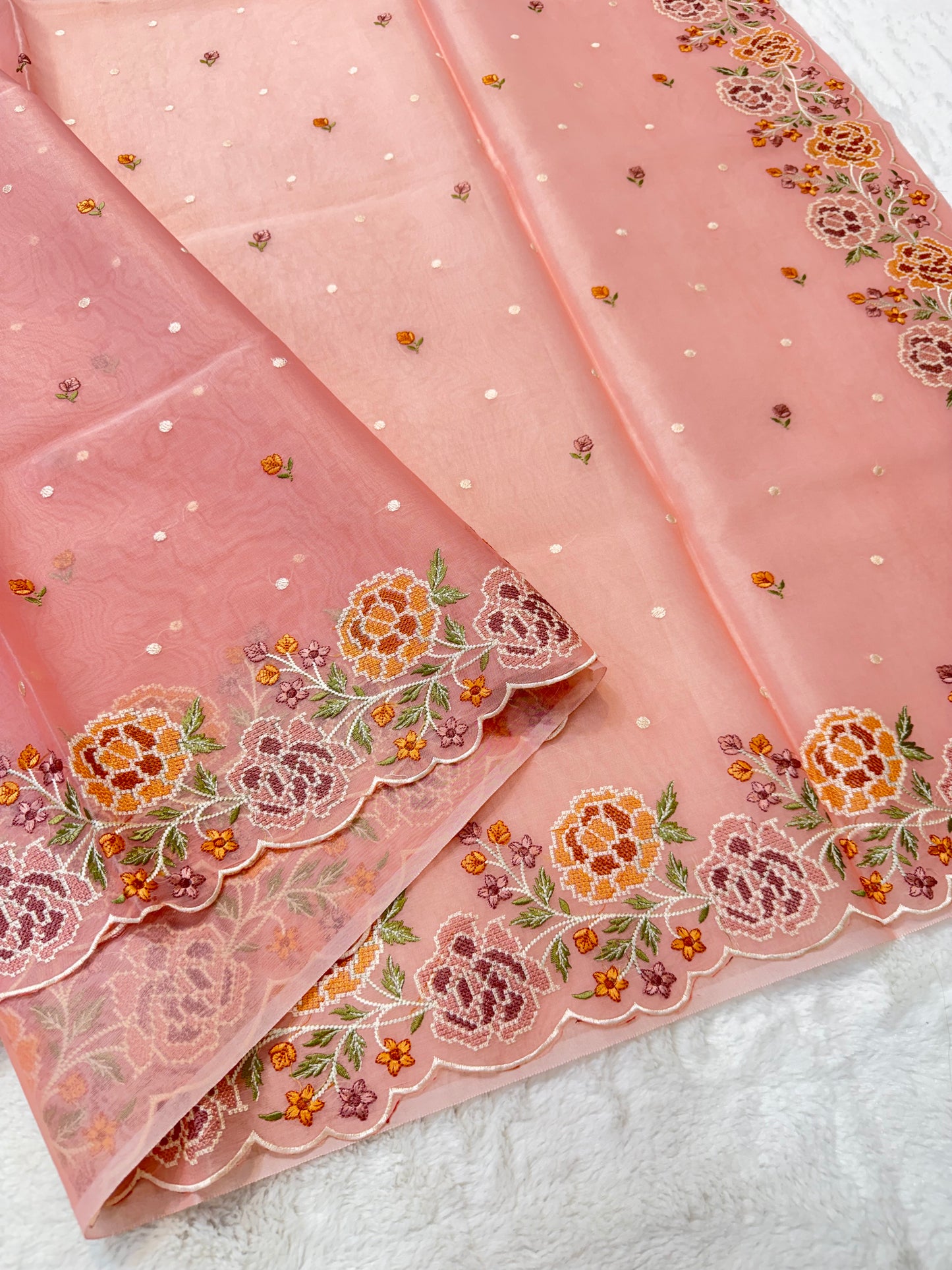 Peach shade kora organza cutwork designer embroidery Banarasi saree