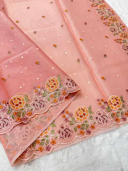 Peach shade kora organza cutwork designer embroidery Banarasi saree