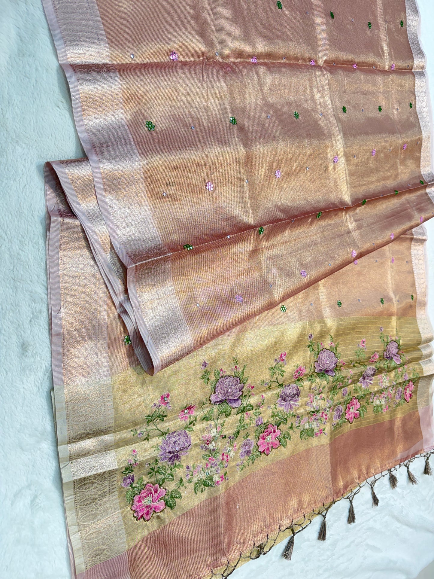 Rose gold shade kota tissue kota designer embroidery handwork premium Banarasi saree