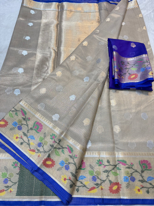 Gray & multicolour shade tissue kota premium paithani border designer banarasi saree