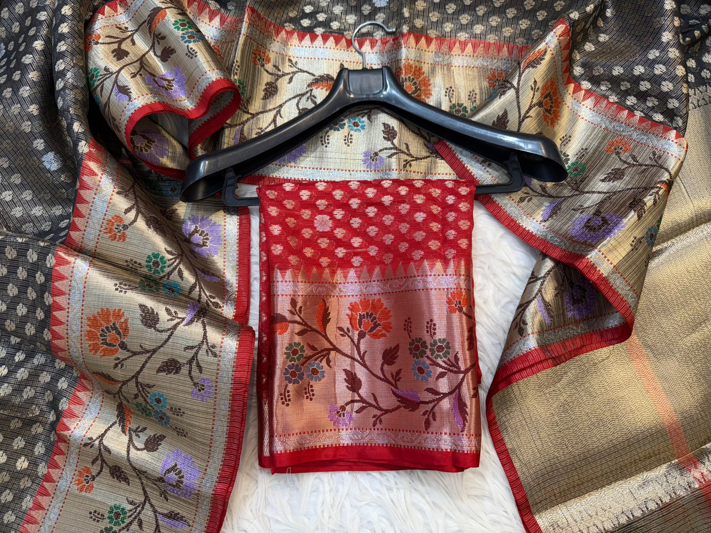 Black & red shade tissue kota premium paithani border banarasi saree