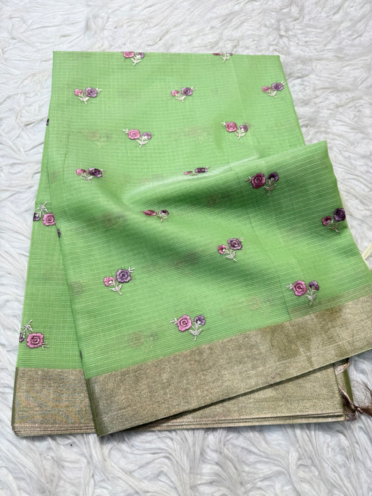 Pista green shade cotton kota embroidery Banarasi saree