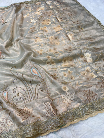 Pista green shade tissue ari & zardosi work designer premium Banarasi saree