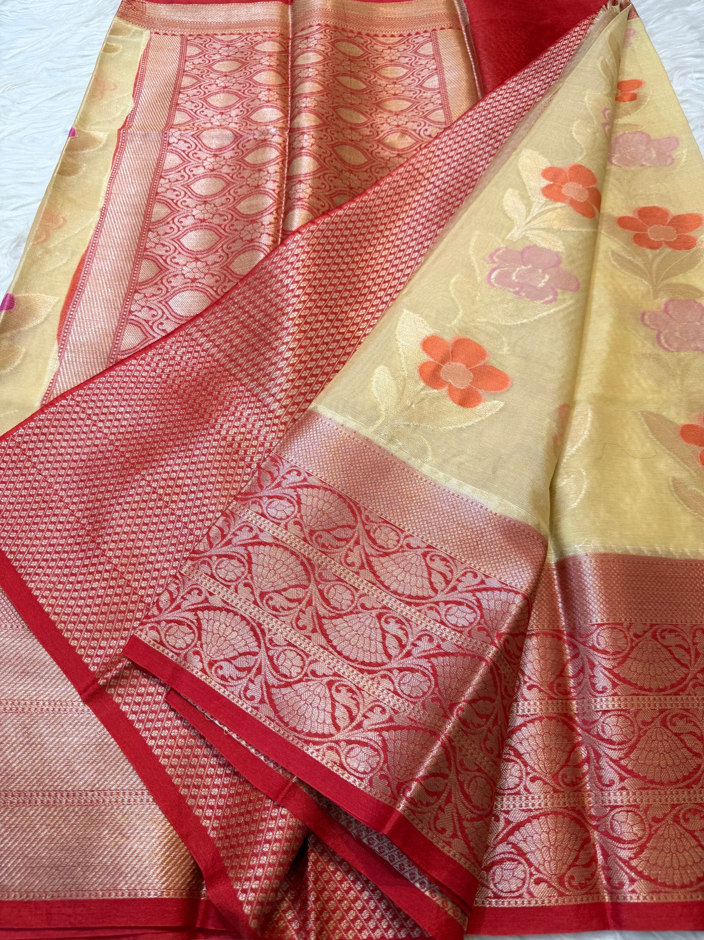 Beige red warm silk premium Banarasi saree