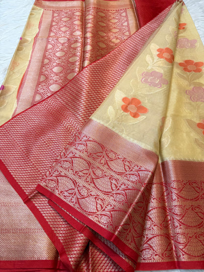 Beige red warm silk premium Banarasi saree