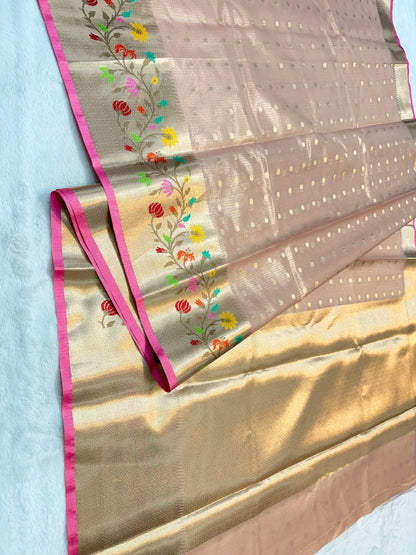 Peach & multicolour shade tissue kota premium paithani border designer banarasi saree