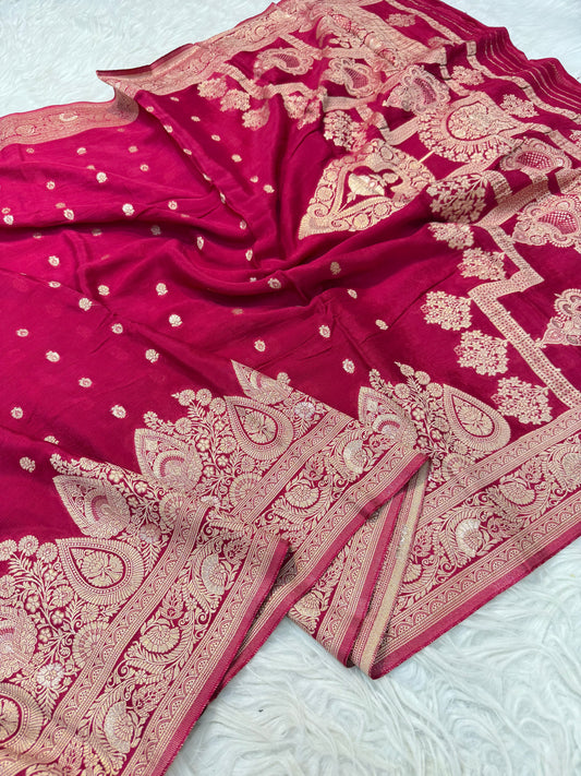 Maharani shade Chinon Viscose premium Open Border Pallu Dot Booti Saree
