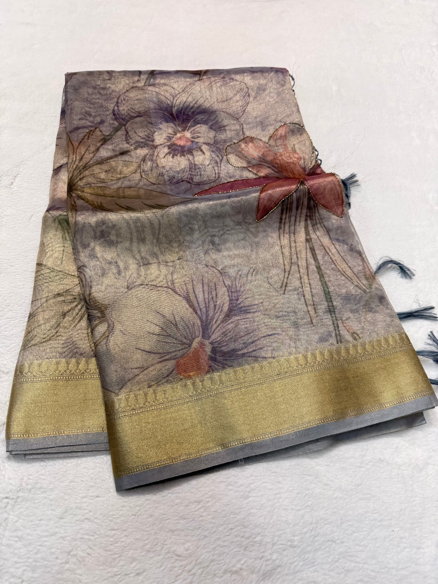 Multicolour Tissue digital print handwork premium designer Banarasi saree