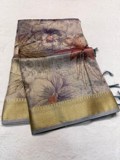 Multicolour Tissue digital print handwork premium designer Banarasi saree