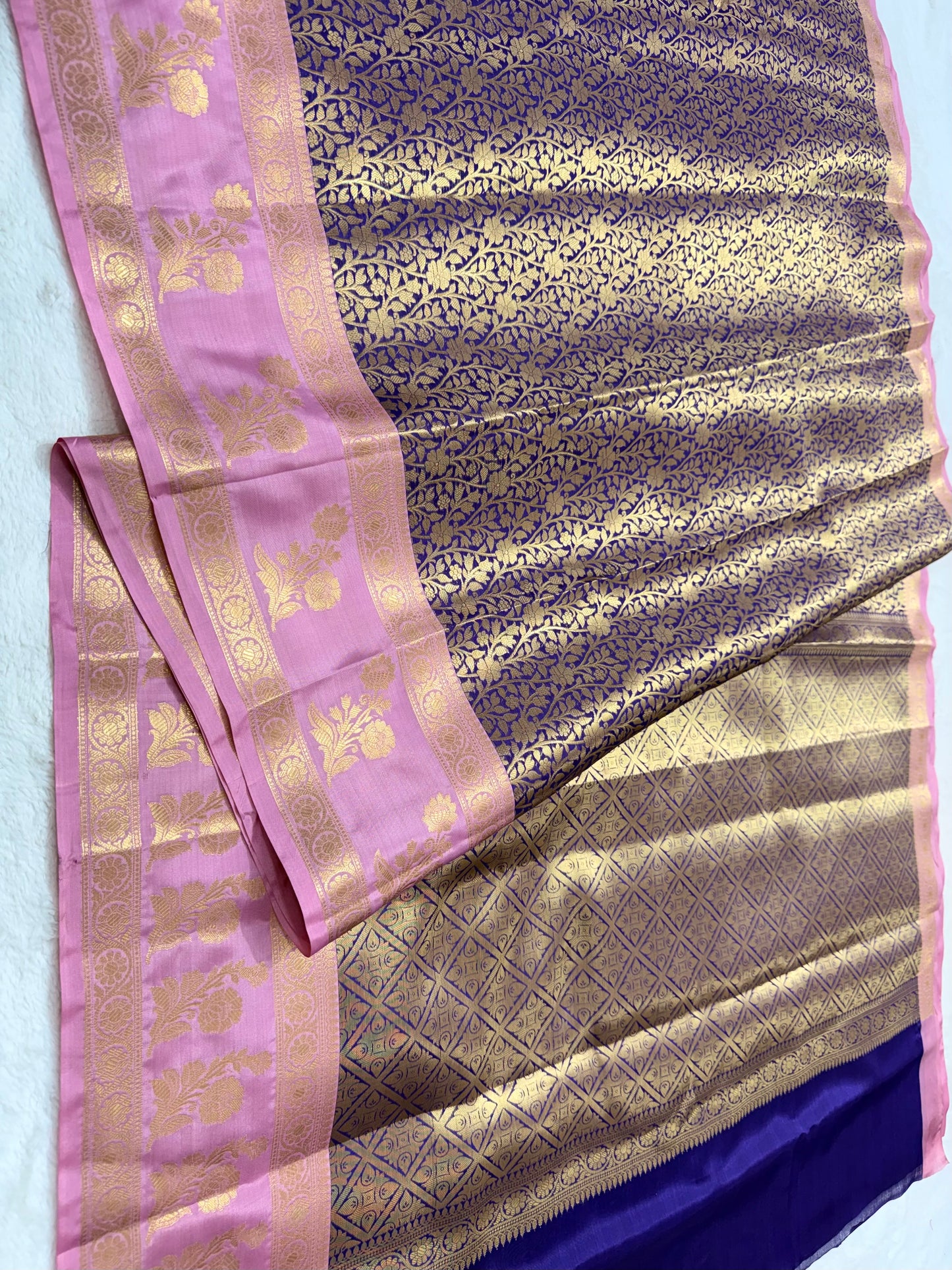 Navy peach shade Kanchi silk premium Banarasi saree