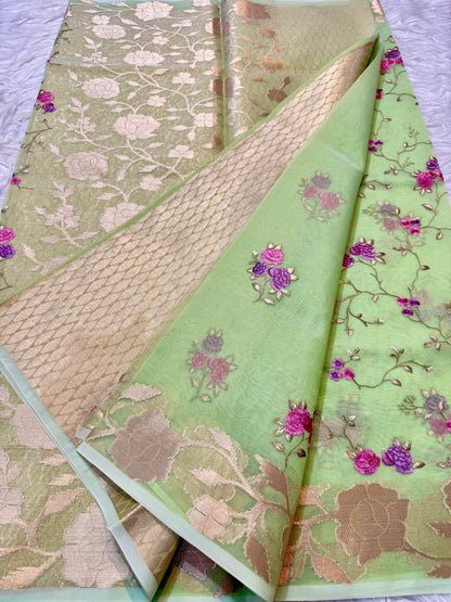 Pista green shade kora organza  embroidery Banarasi saree