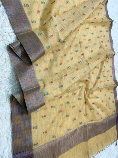 Mustard shade linen  embroidery Banarasi saree