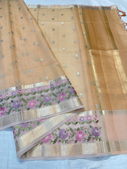 Peach shade cotton kota designe embroidery premium Banarasi saree