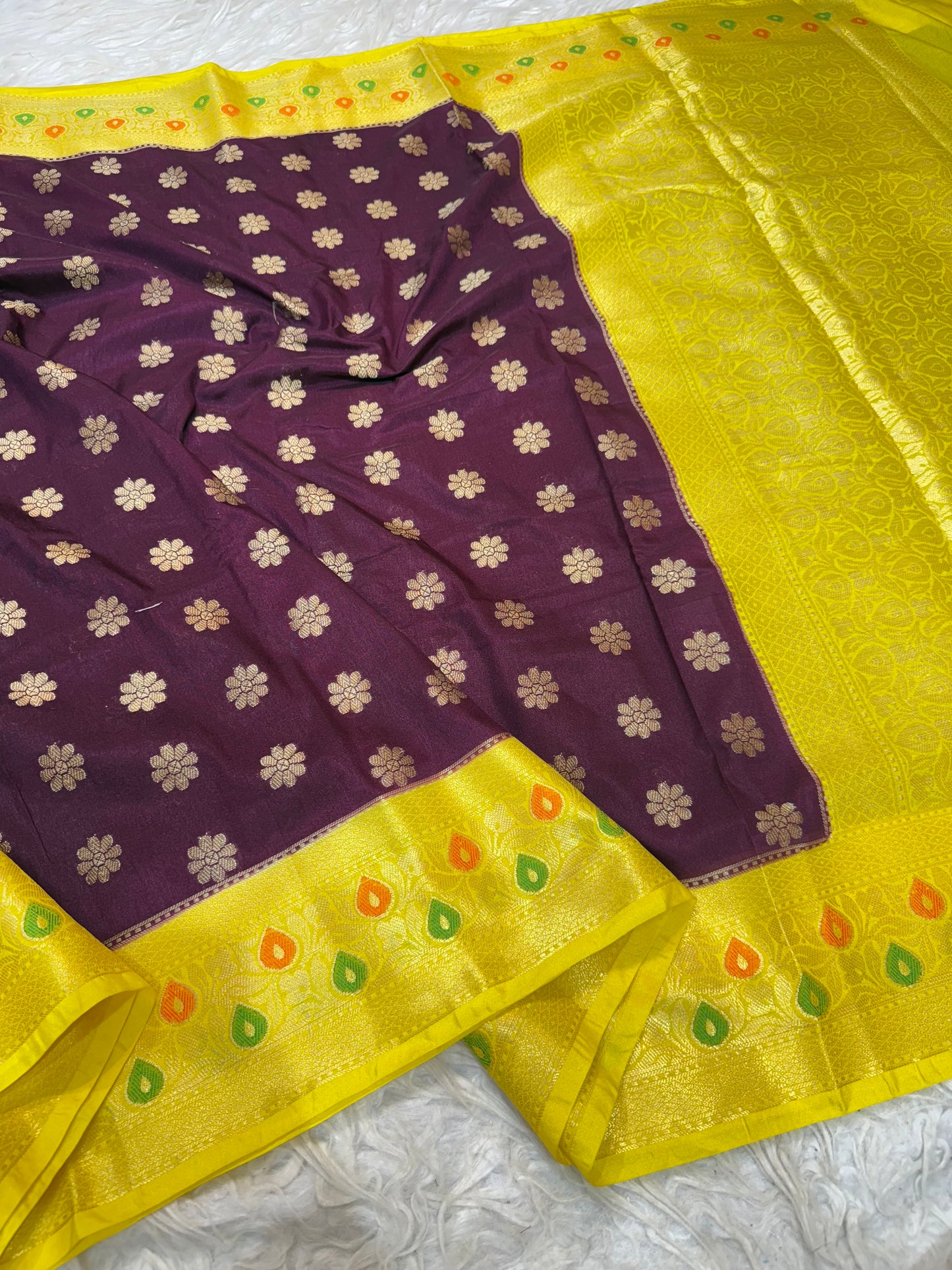 Wine & yellow shade  Dupion Silk premium Banarasi Saree