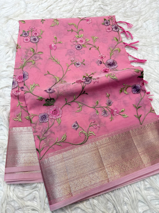 Pink shade organza embroidery Banarasi saree