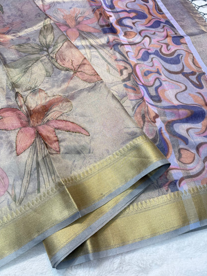 Multicolour Tissue digital print handwork premium designer Banarasi saree