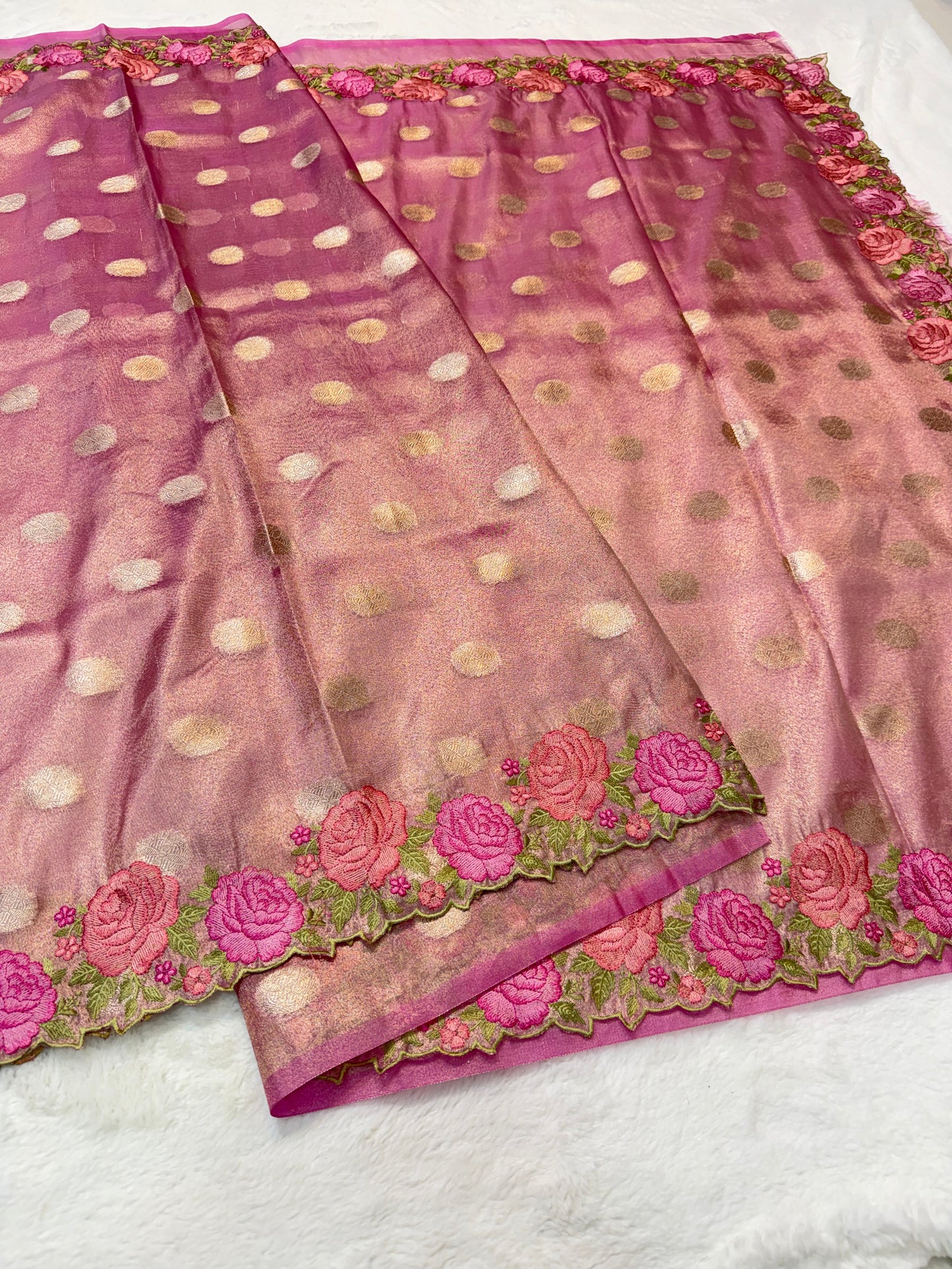 Royal pink shade tissue cutwork embroidery premium designer Banarasi saree