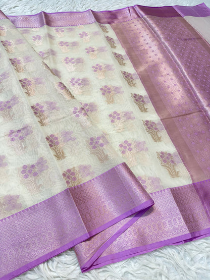 Off white & purple shade cotton premium Banarasi saree