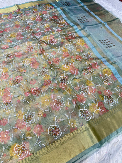 multicolour tissue silk digital  print Embroidry sawroski work premium Banarasi saree
