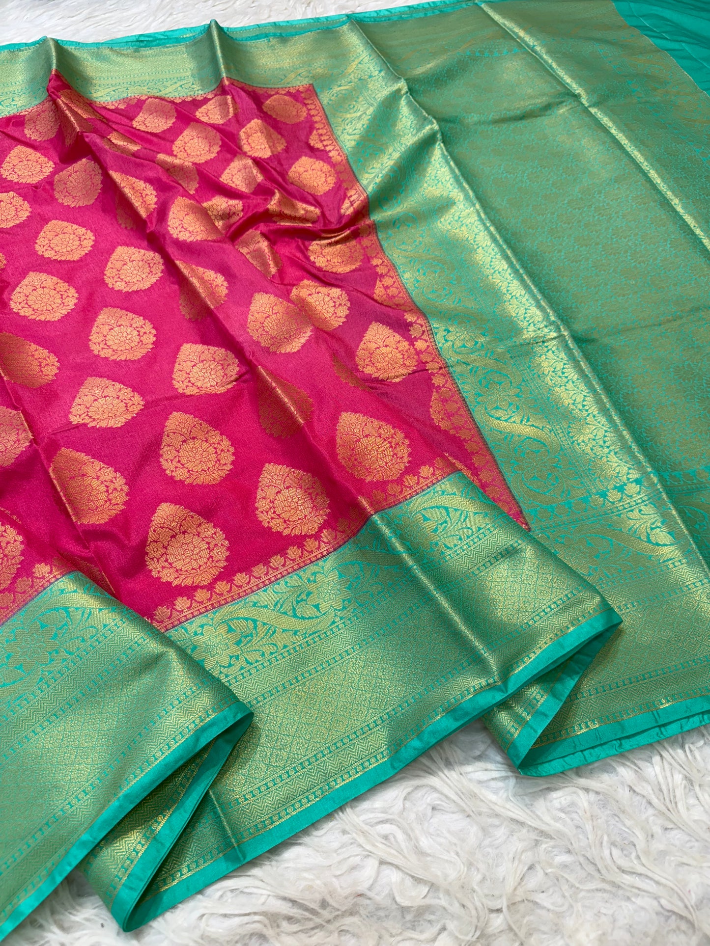 Royal pink & sea green shade Dupion Silk Banarasi Saree 
