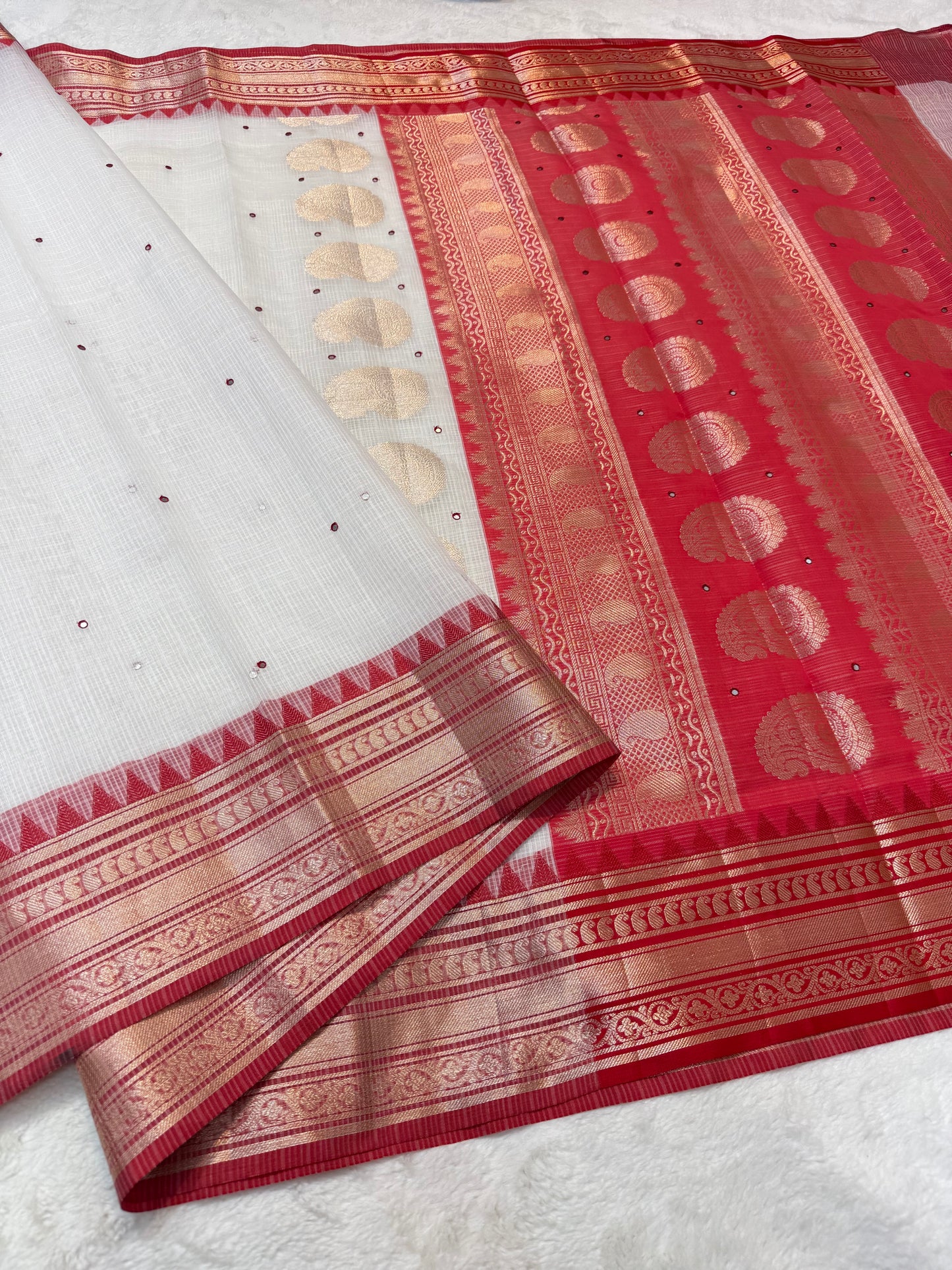 White & red kota mirror work premium Banarasi saree