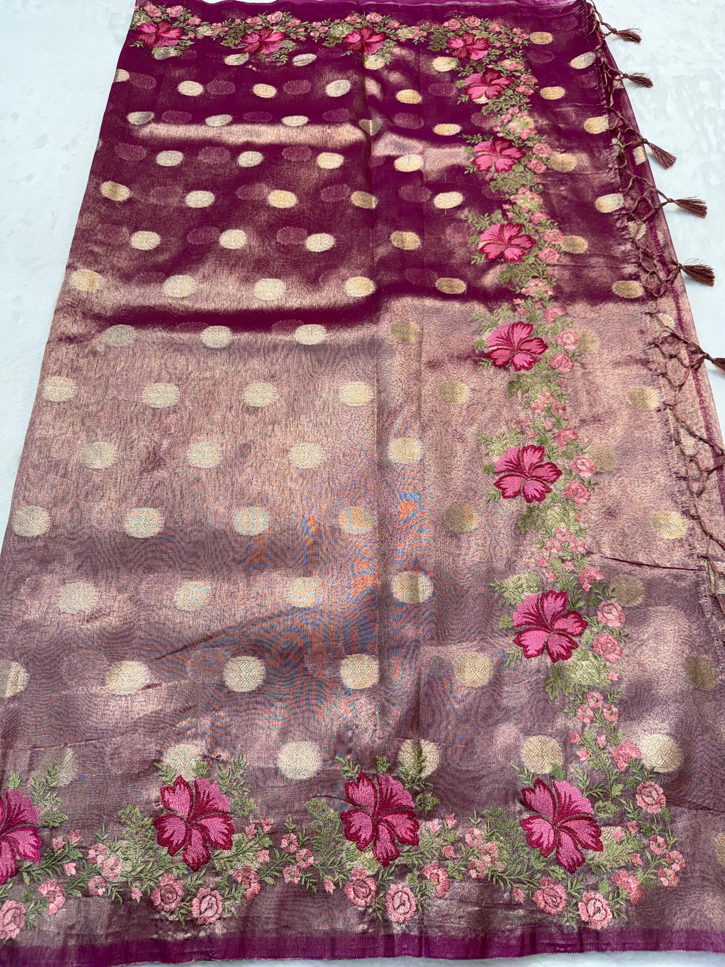 Magenta tissue cutwork embroidery premium designer Banarasi saree