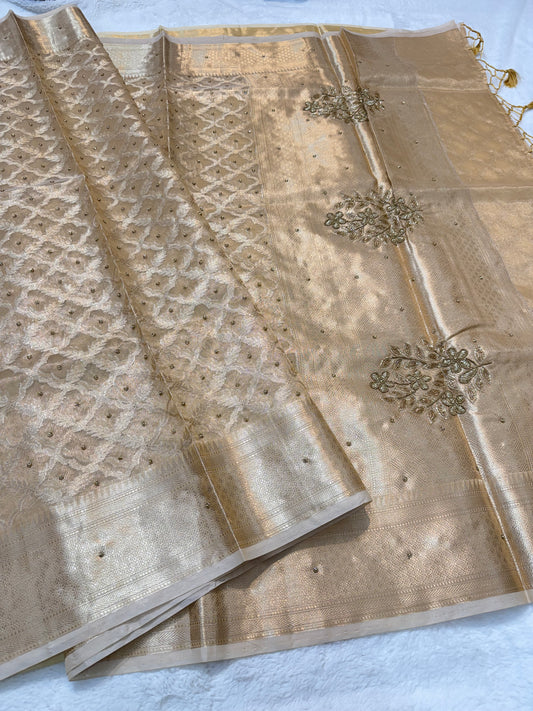 Gold shade tissue kota designer handwork premium Banarasi saree