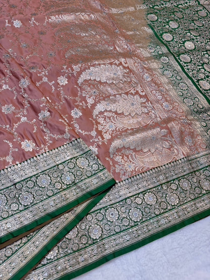Peach & bottle green shade Bridal Satan katan ari & stone work Banarasi silk Saree