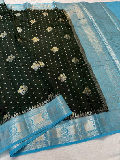 Mehandi & sea green shade raw mango Banarasi premium Banarasi saree