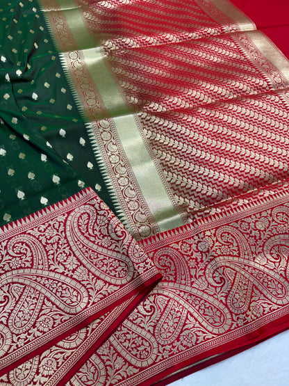 Bottle green red shade katan Banarasi silk Saree