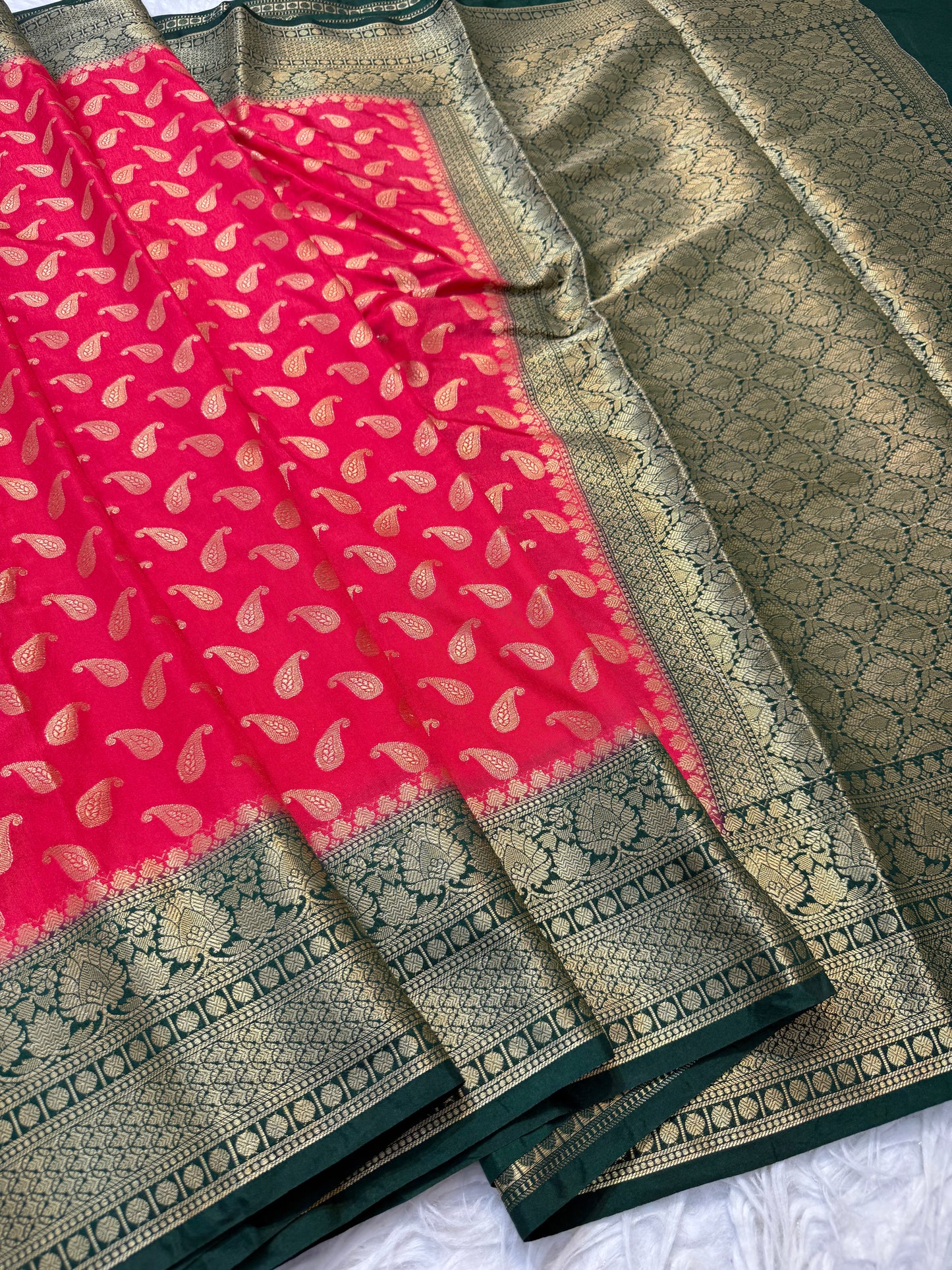 Red & bottle green blue shade Dupion Silk Banarasi Saree 