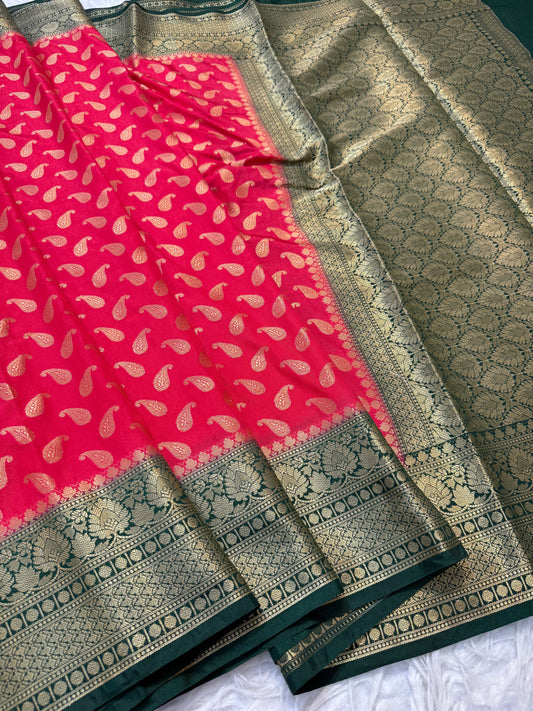 Red & bottle green blue shade Dupion Silk Banarasi Saree 