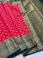Red & bottle green blue shade Dupion Silk Banarasi Saree 