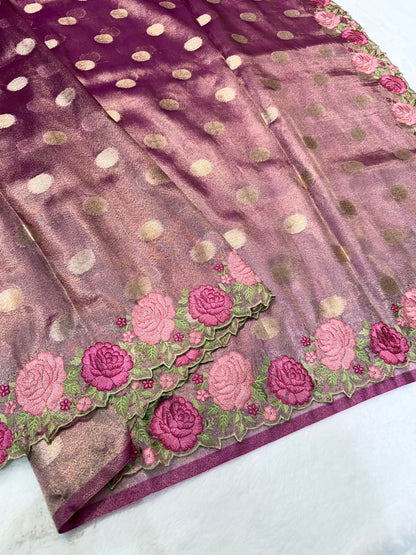 Magenta shade  tissue cutwork embroidery premium designer Banarasi saree