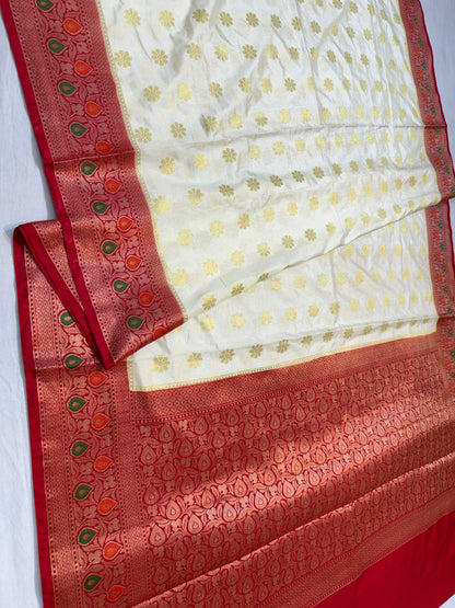 Off white & red shade  Dupion Silk premium Banarasi Saree