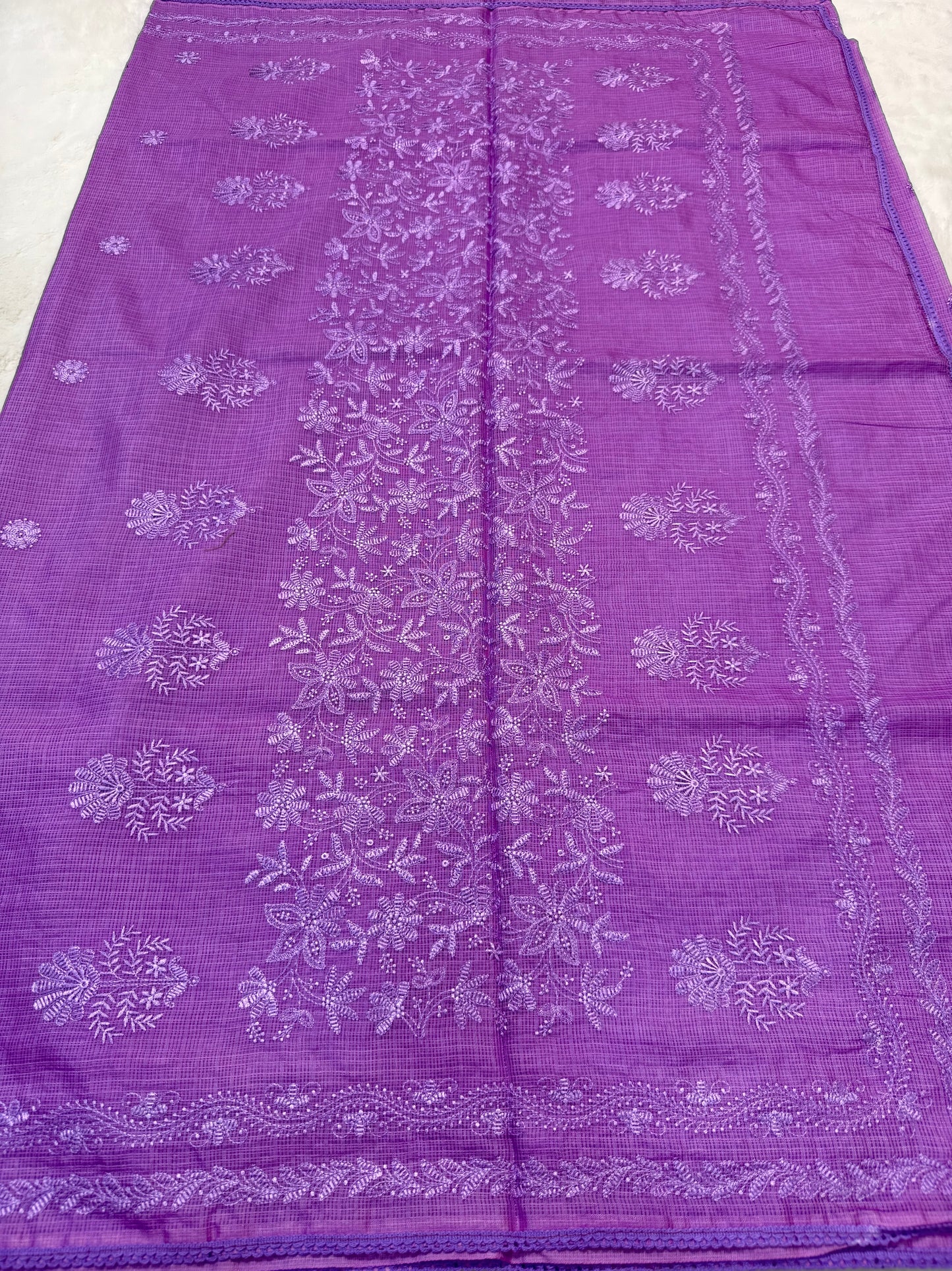 Purple shade cotton kota chickenkari embroidery Banarasi saree