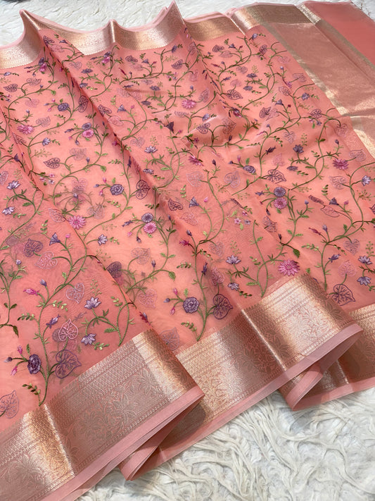 Peach shade organza embroidery Banarasi saree