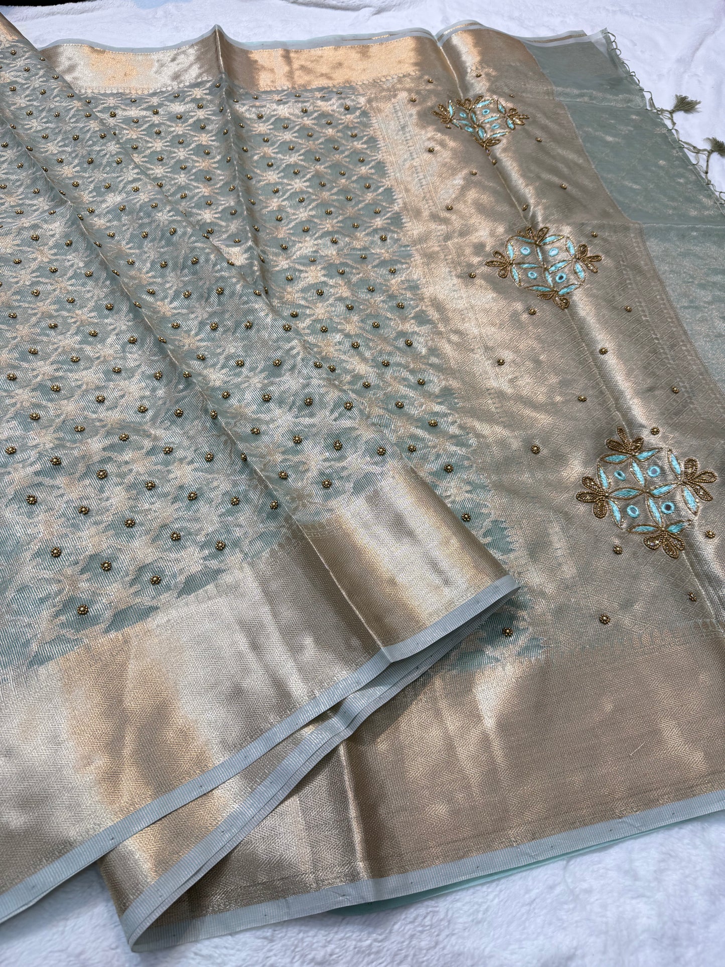 Sea green tissue kota designer handwork premium Banarasi saree