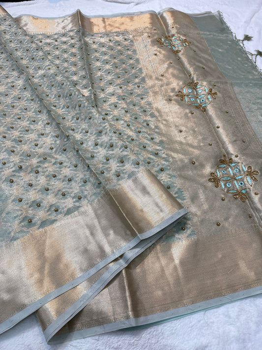Sea green tissue kota designer handwork premium Banarasi saree