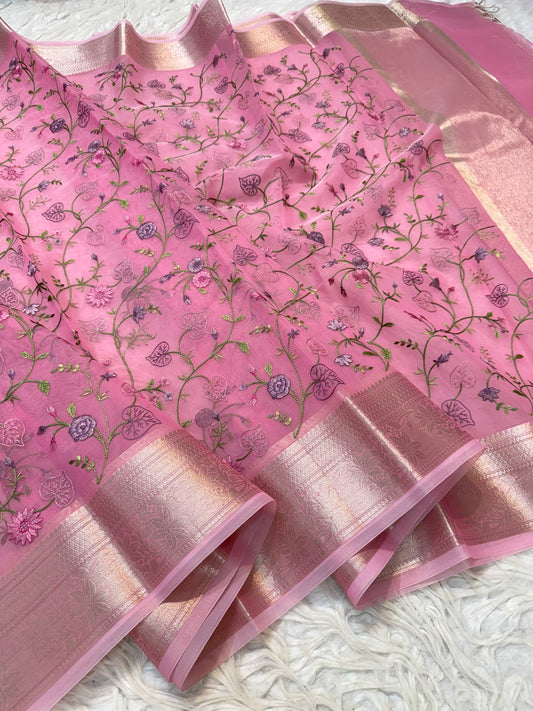Pink shade shade organza embroidery Banarasi saree