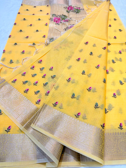 Yellow shade cotton kota embroidery Banarasi saree