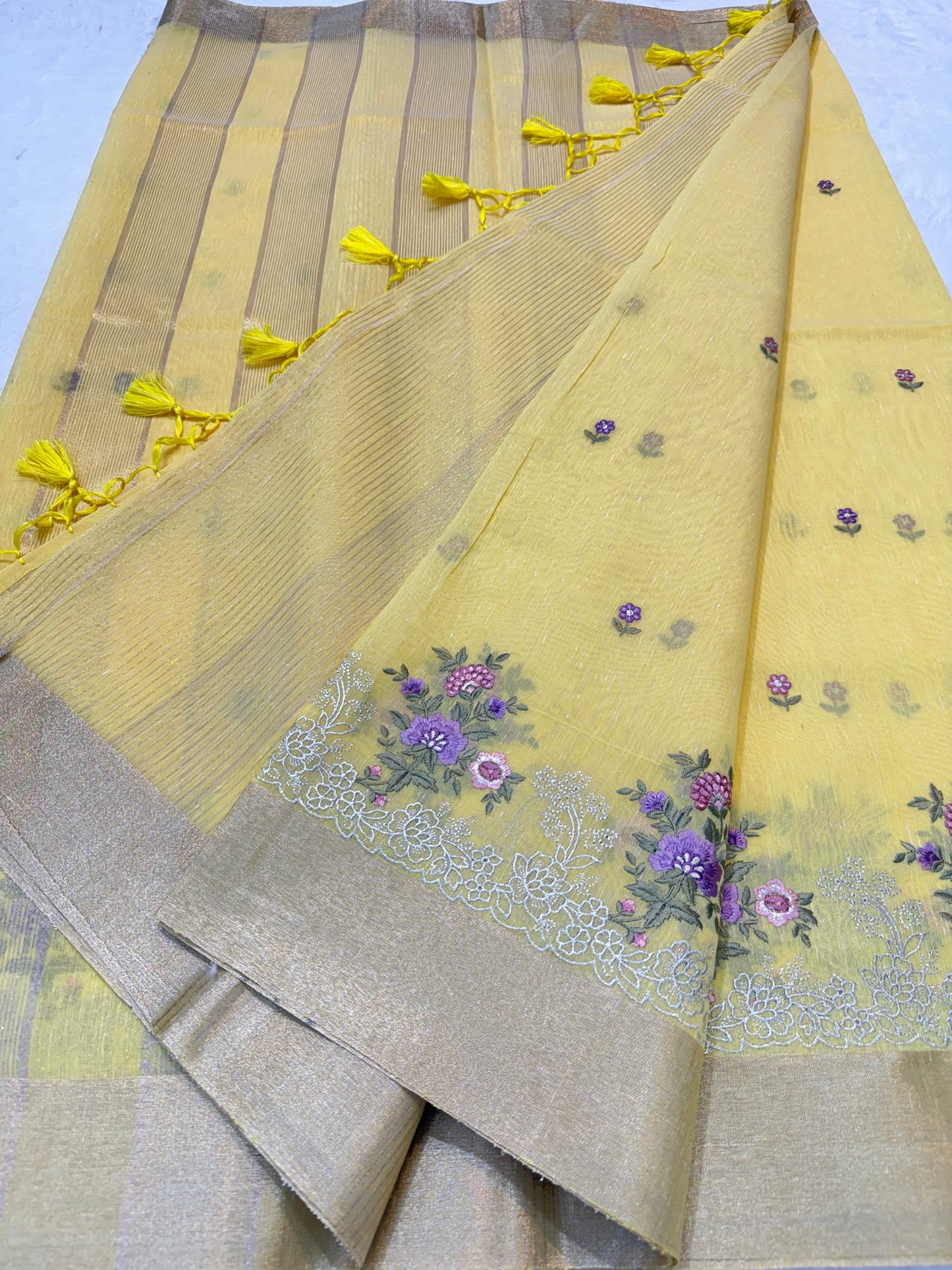 Yellow shade linen embroidery Banarasi saree