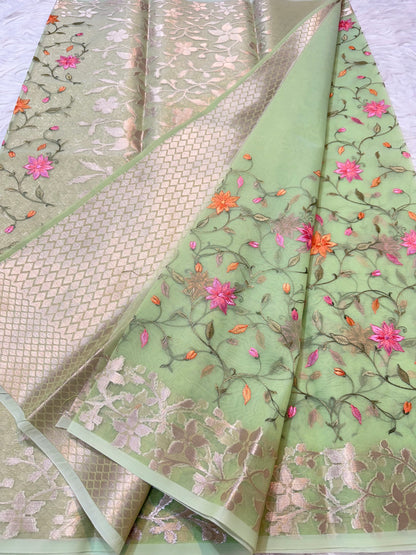 Pista green shade kora organza  embroidery Banarasi saree